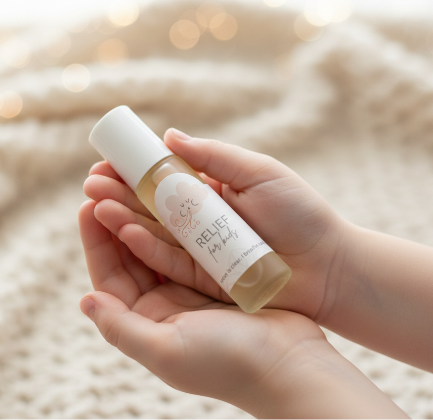 Small hands holding a relief kids roller blend against a soft, blurred background